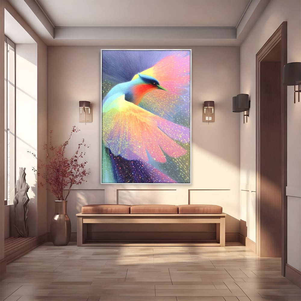 Tablou canvas cu tablou canvas cu pasare colorata in zbor, in rama de aluminiu argintiu